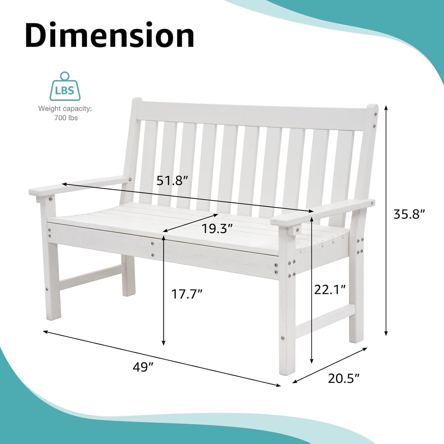 COBANA Outdoor Garden Bench, All Weather HDPE Patio Porch Bench with Faux Wood Grain Pattern, 2-Person Seat for Lawn, Park, Backyard, Entryway, White
