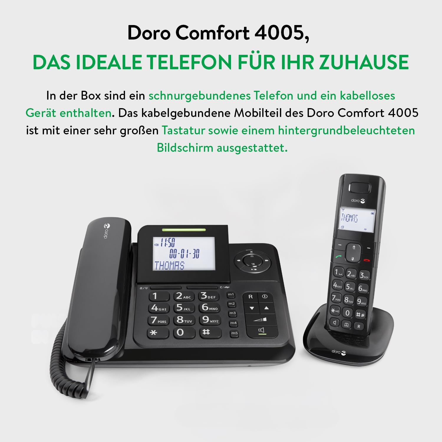 DORO - Doro Comfort 4005 - Schnurgebundenes Festnetztelefon + Schnurloses DECT-Telefon mit AB - Hintegrundbeleuchtetes Display - LED-Anzeige - Tastatur mit großen Tasten - Audioverstärker - Schwarz