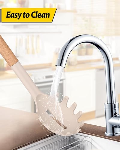 Miniatura 5 de Juego de tenedor y cucharón de silicona para pasta con mango de madera, utensilios de cocina antiadherentes resistentes al calor para cocinar,