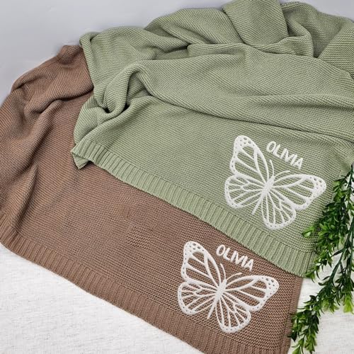 Image of Luxury Personalized Name Butterfly Baby Blanket, Embroidered Name, Soft Breathable Cotton Knit, Newborn Gift