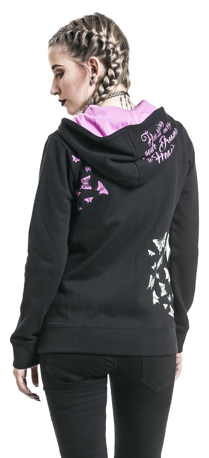 Full Volume by EMP Donna Giacca con Cappuccio Nero-Rosa con Stampa Teschio