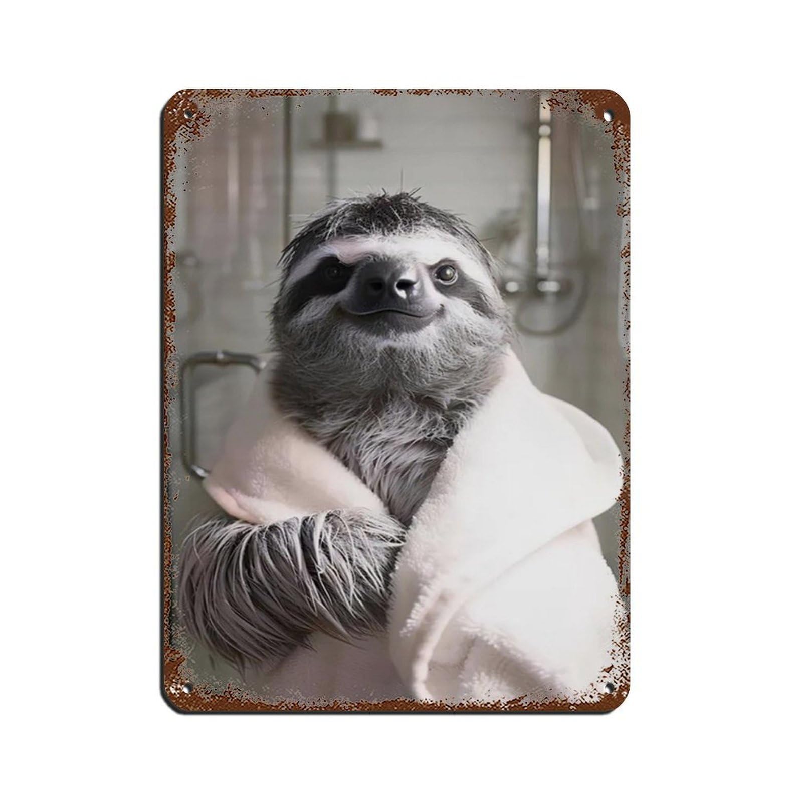 Funny Sloth in Bathrobe, Bathroom Art Tin Sign Vintage Metal Pub Club Cafe Bar Home Wall Art Decoration Poster Retro 12x16inch(30x40cm)