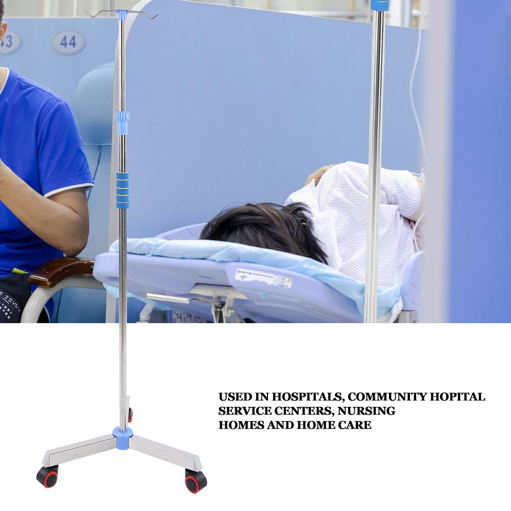 AYNEFY Support Intraveineux Portable en Acier Inoxydable, Support de Sac, pour Perfusion Intraveineuse Réglable, Hauteur Réglable de 109-200 cm, avec 2 Crochets 3 Roues