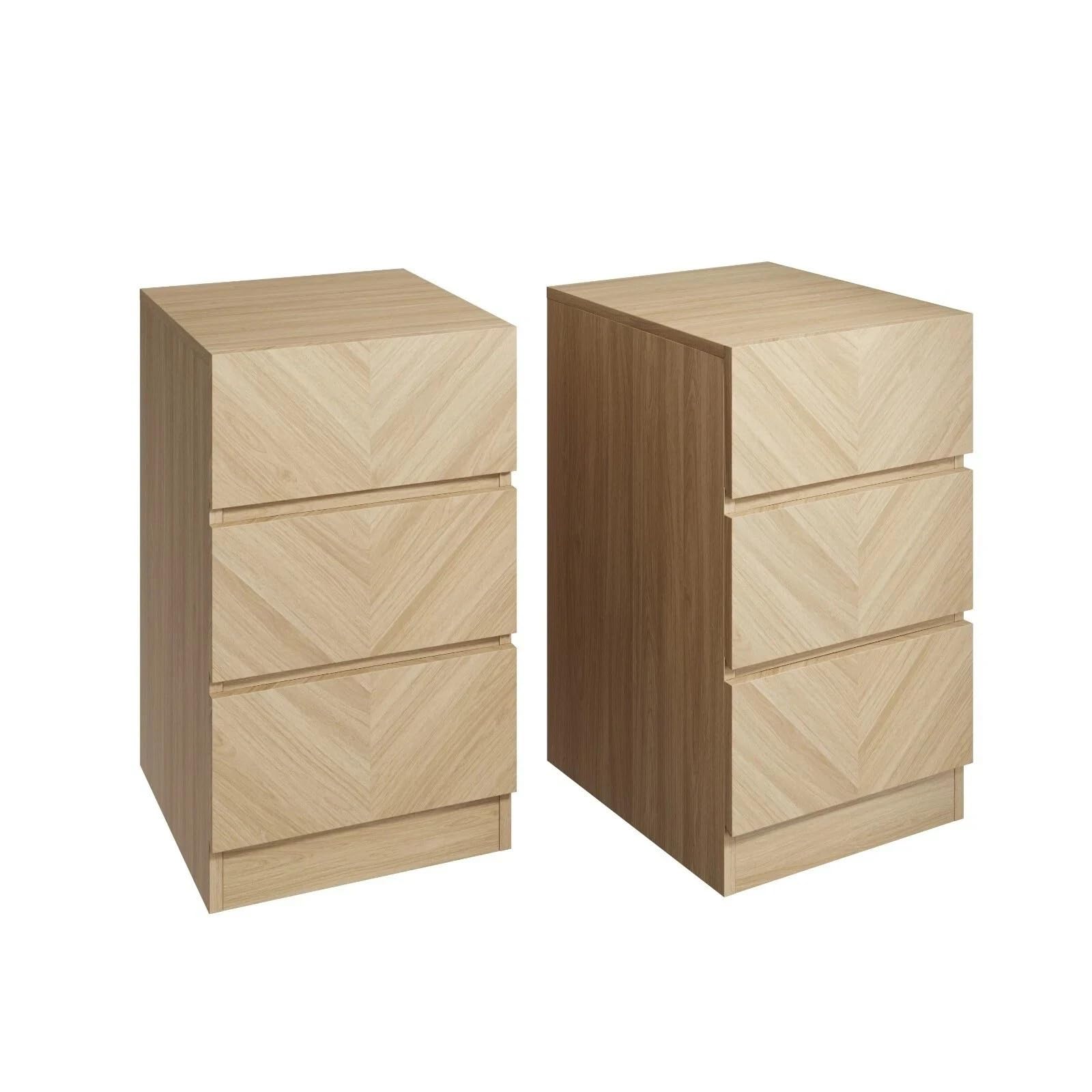 GFW Catania Pair of 3 Drawer Bedside Tables, Euro Oak Bedside Cabinets with Herringbone Wood Grain Design, Modern Handle-Free Nightstands