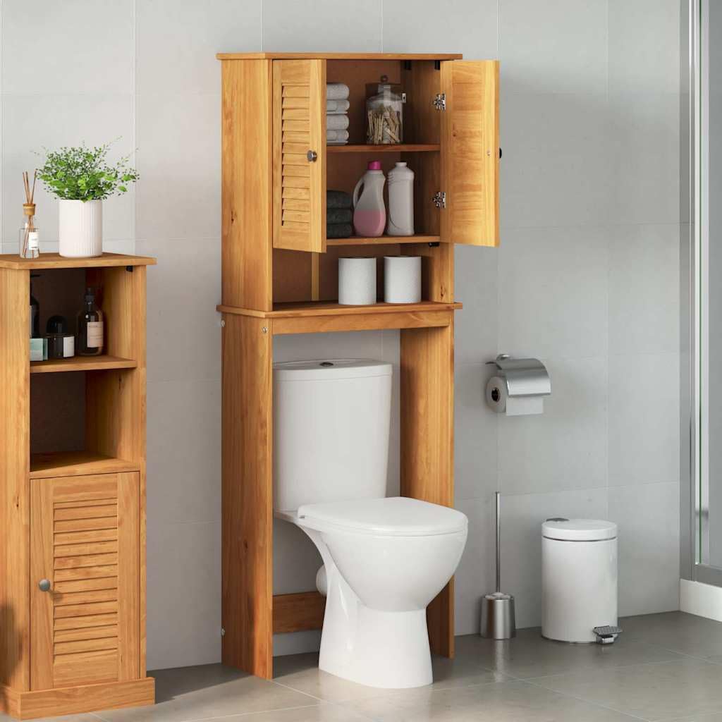Armario de baño Vigo de madera maciza de pino marrón y miel 60 x 27 x 161 cm con 3 estantes y 2 puertas para baño e invitados de pared de almacenamiento y almacenamiento