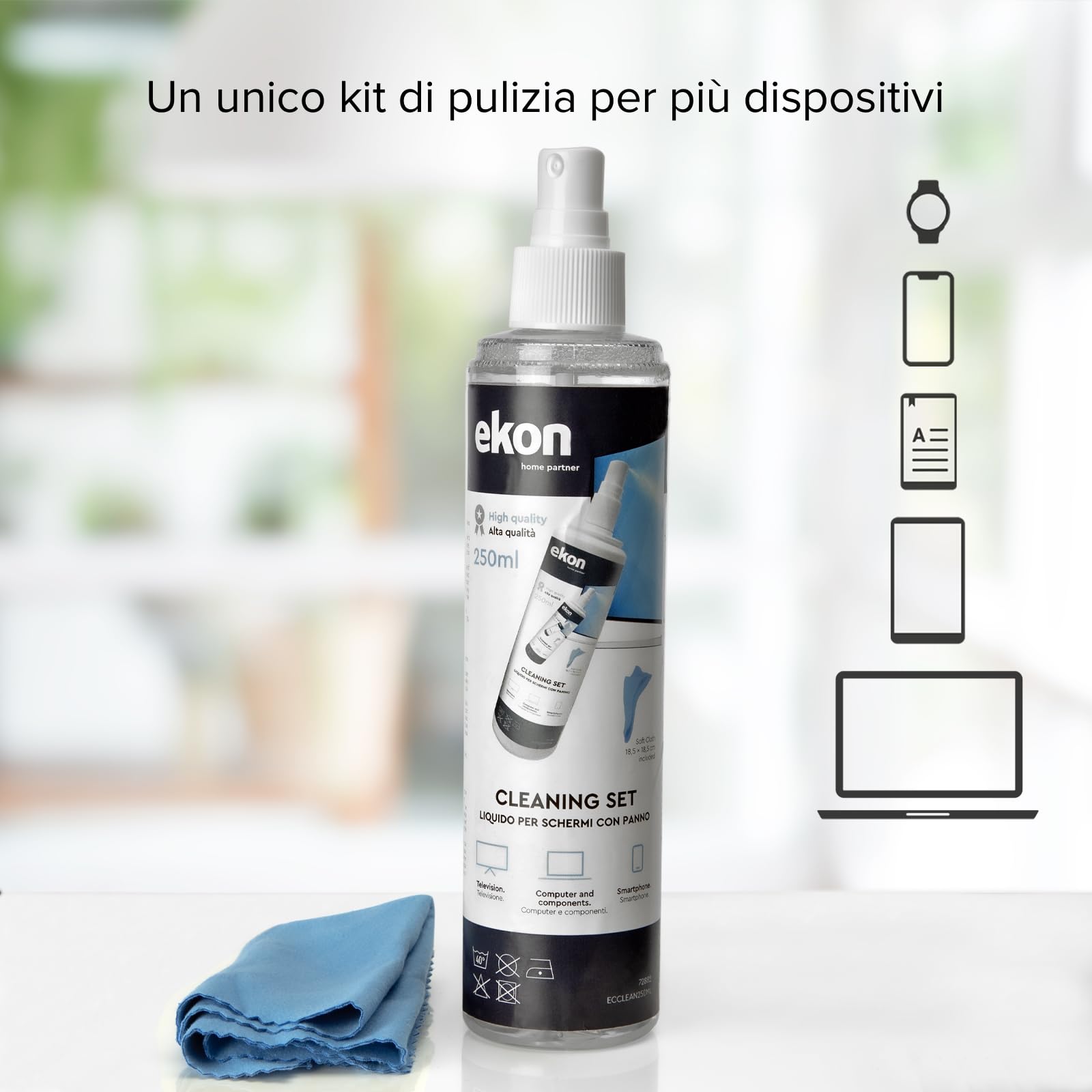 Ekon Spray per Schermi Display 250ml Kit Pulizia per Monitor Laptop Fotocamere TV Smartphone Tablet