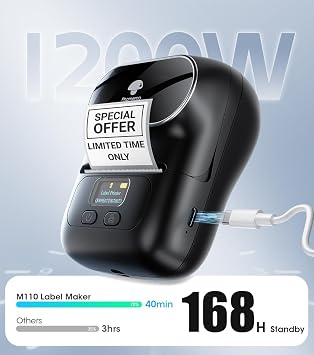 Phomemo M108 Label Maker Barcode Label Printer Bluetooth Portable Thermal Sticker Printer for Small Business, Address, Logo, Clothing, QR Code, Compatible with Phones & PC, with 2 Roll Labels Black