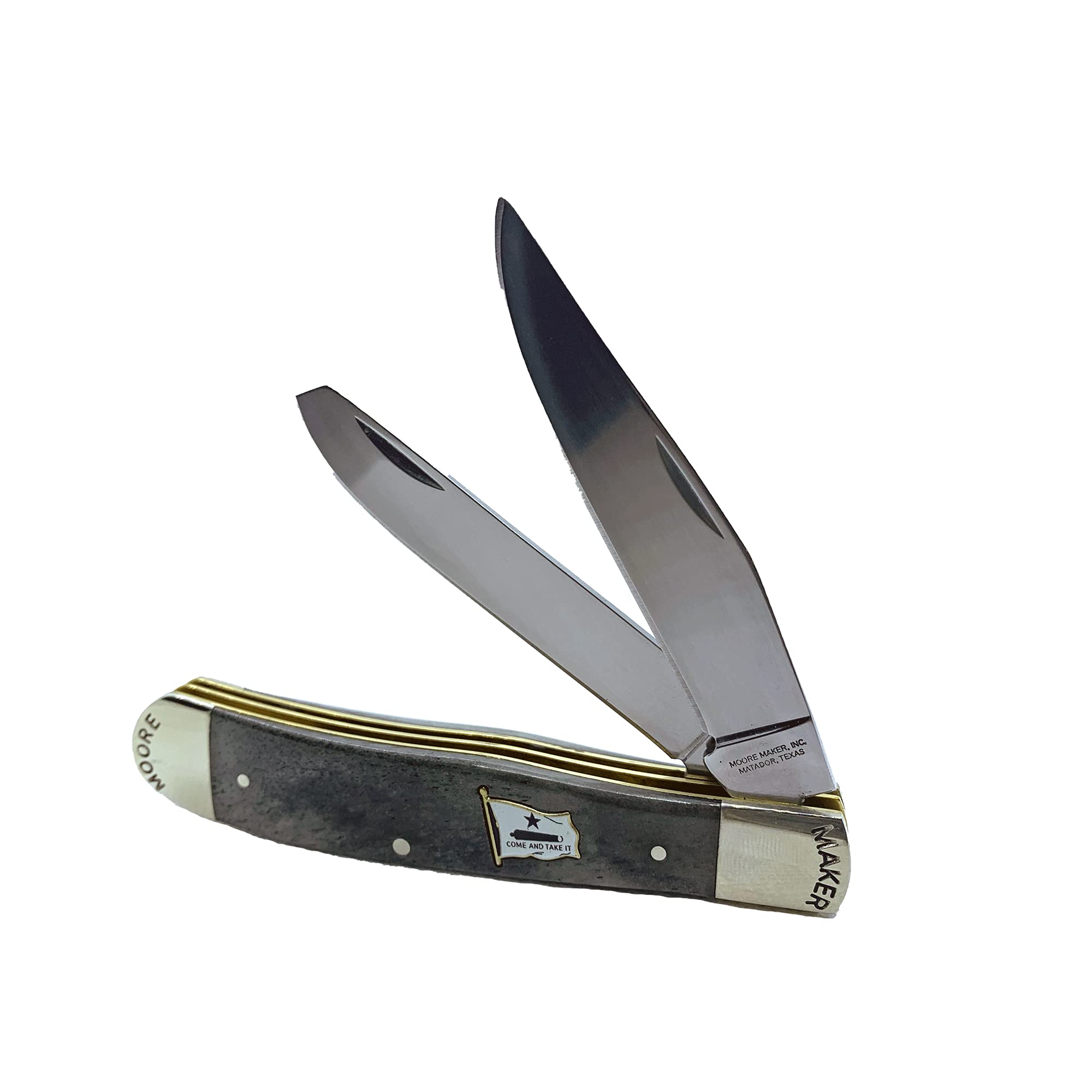 Moore Maker Inc 4-1/8 inch Folded Trapper Knife 5235CATI Folding Pocket Knife with Smooth Gray Cow Bone Handle and High Carbon Steel Blades Come and Take It Flag