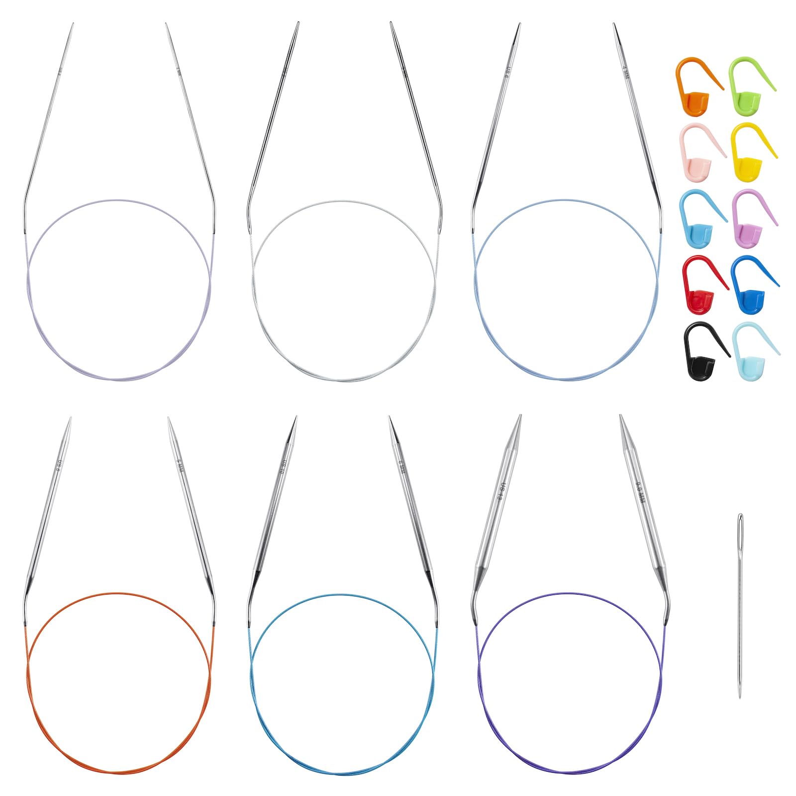 80cm Stainless Steel Circular Knitting Needles Set for Beginners, 6 PCS 2.0 mm, 3mm, 4mm, 5mm, 6mm and 9mm Round Metal Knitting Needles with Magic Loop, Fixed Circle Needles for Blankets, Sweater