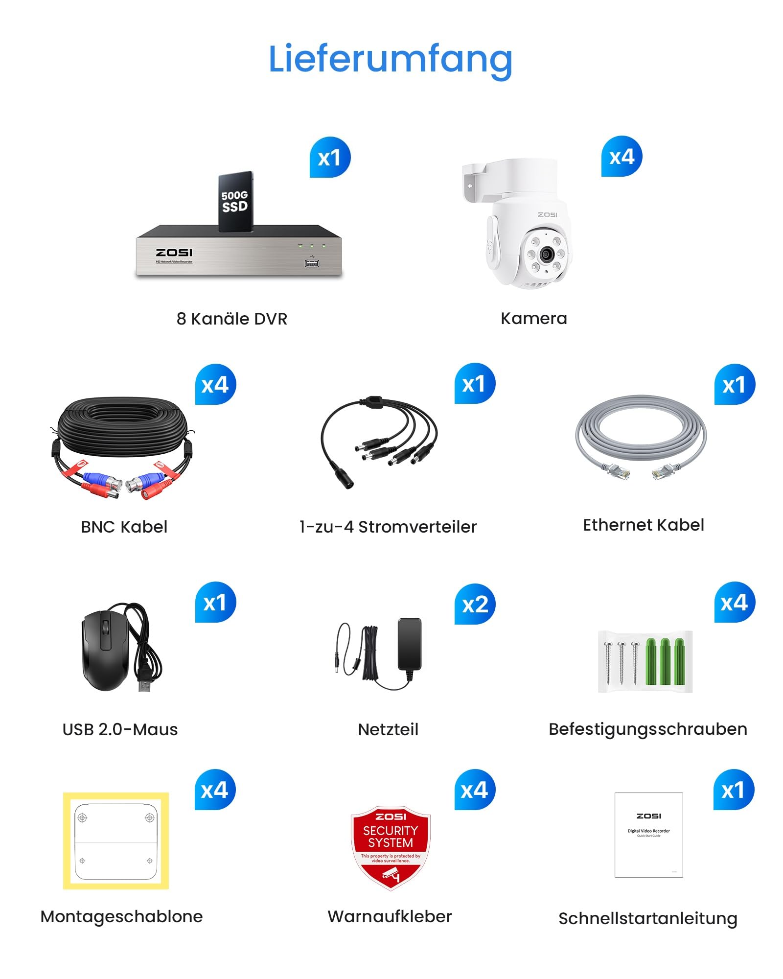 ZOSI 2MP Kabelgebunden Überwachungskamera Set mit Audio, 8CH 500GB DVR und 4X PTZ TVI Aussenkameras, Personen- und Fahrzeugerkennung, Audioaufnahme, IR Nachtsicht