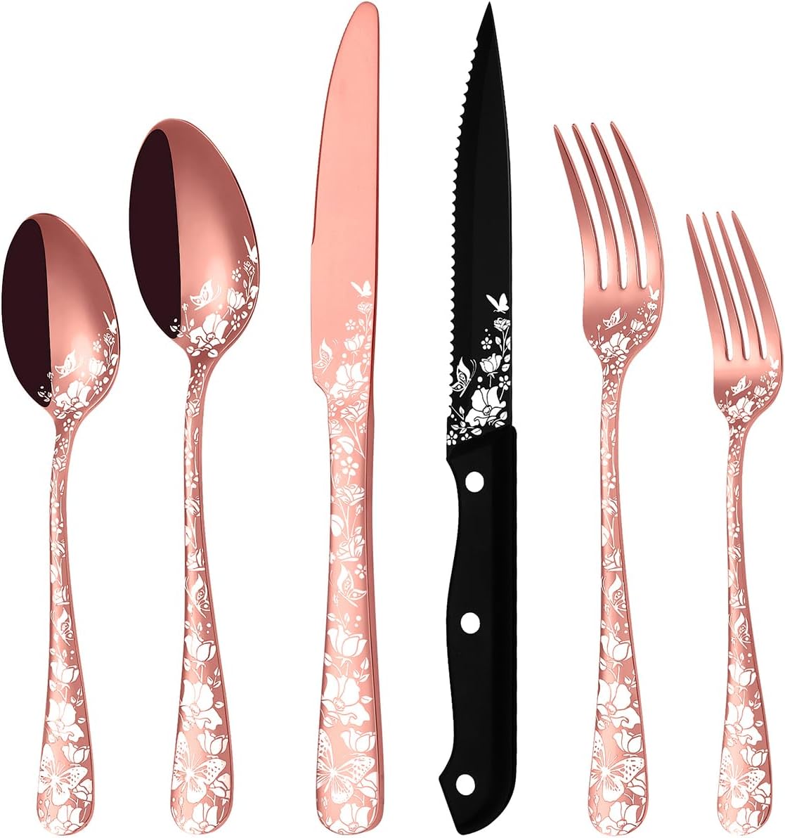 Stapava 24 Pcs Rose Gold Silverware with Steak Knives, Stainless Steel Copper Silverware Flatware Cutlery Set for 4, Include Forks Spoons and Knives set, Mirror Polished, Dishwasher Safe Utensils