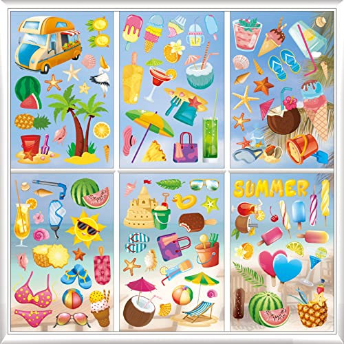 HOXBUR 134Pcs Summer Window Clings Sun Beach Pool Double-Side Window Stickers Decal for Home Office Window