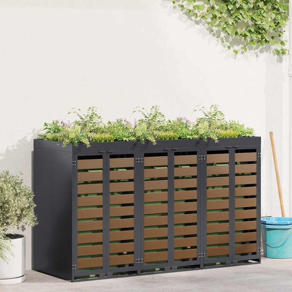 Copribidoni per 3 Bidoni di Spazzatura Contenitori Pattumiera Cassonetti Rifiuti 240 L Box in Acciaio Antracite/Aspetto Larice Coperchio Bidone Resistente 3 Porte