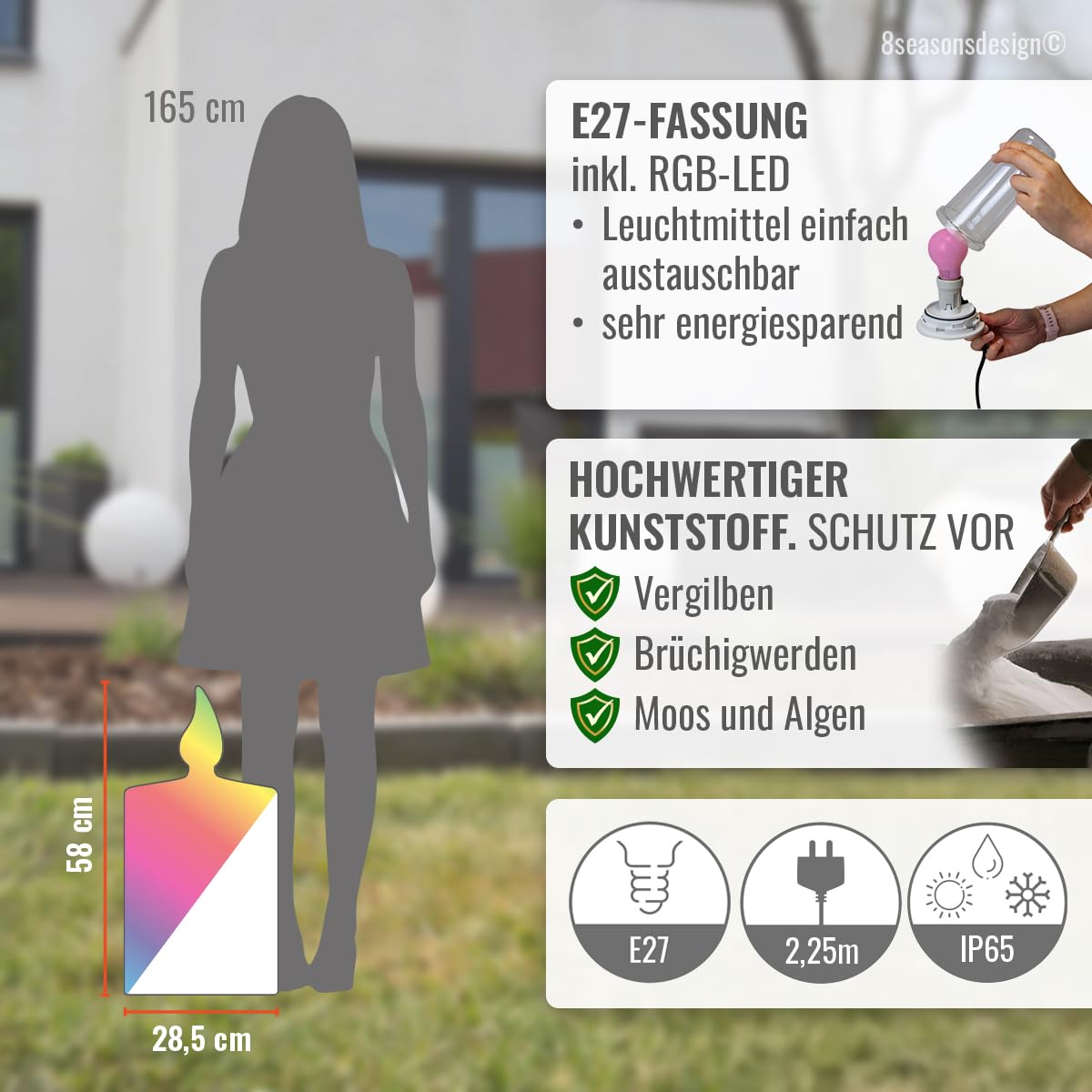 8 seasons design Dekoleuchte Kerze Shining Candle 60 cm (Weiß), E27-Fassung, RGB LED Farbwechsel, dimmbar, mit Fernbedienung - wetterfest – für außen & innen (Weihnachtsbeleuchtung, Dekolicht)