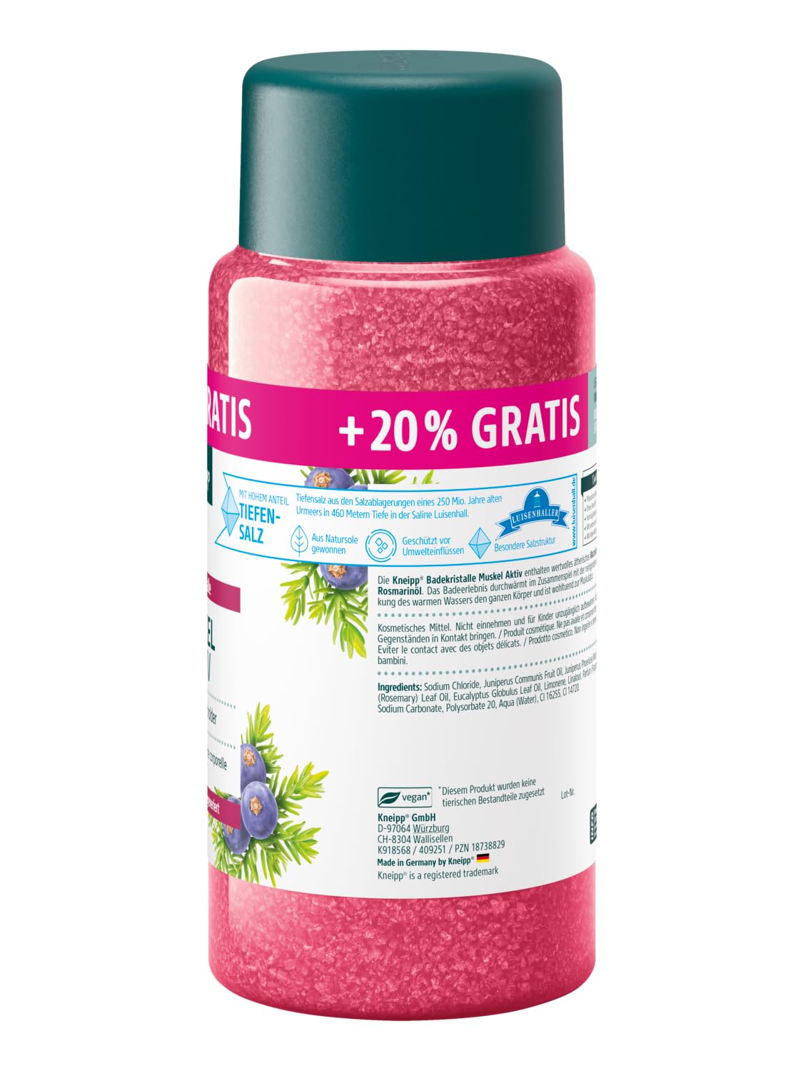 Kneipp Cristalli da bagno muscolare, misura speciale, con prezioso olio essenziale di ginepro, eucalipto e rosmarino, riscaldanti e benefici per la muscolatura, edizione limitata, 720 g