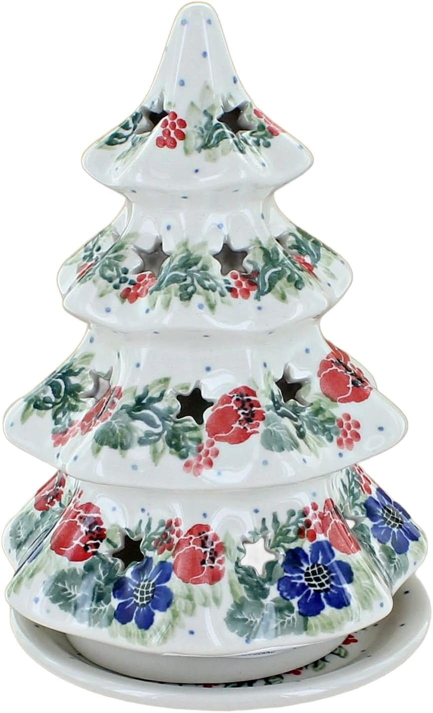 Blue Rose Polish Pottery - Blue Winter Bells Medium Christmas Tree Luminary - 7" Tall - Hand-Painted Polish Pottery Holiday Candle Holder, Unique Christmas Gift & Festive Décor
