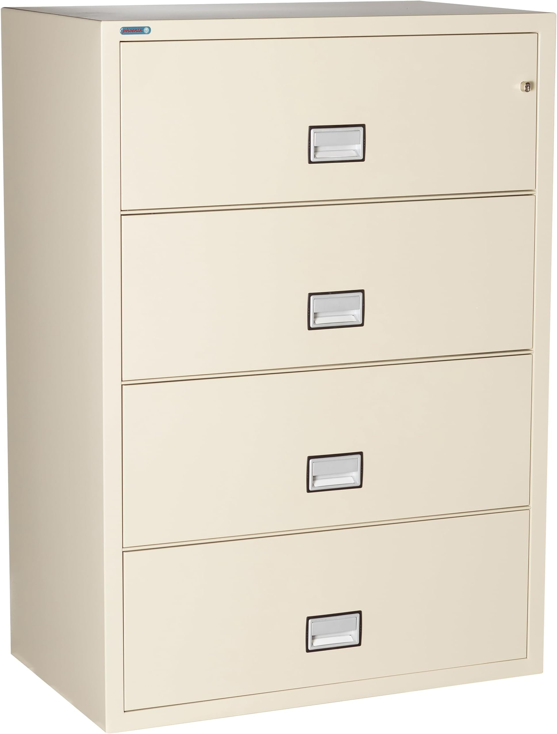 PHOENIX SAFEFireproof File Cabinet โ 4-Drawer Lateral, 38" โ Legal & Letter Size โ Key Lock with Water Seal โ 350 Fire Rated, Impact Tested โ Anti-Tip Hanging Folder Ready โ Putty Color โ LAT4W38P