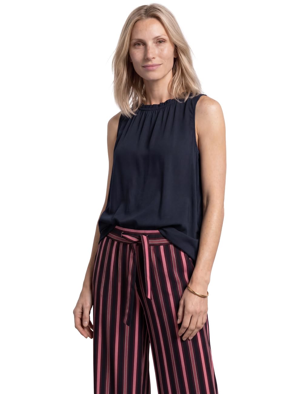Street One Blouse Top with Ruffled Crew Neck Darkest Blue 44
