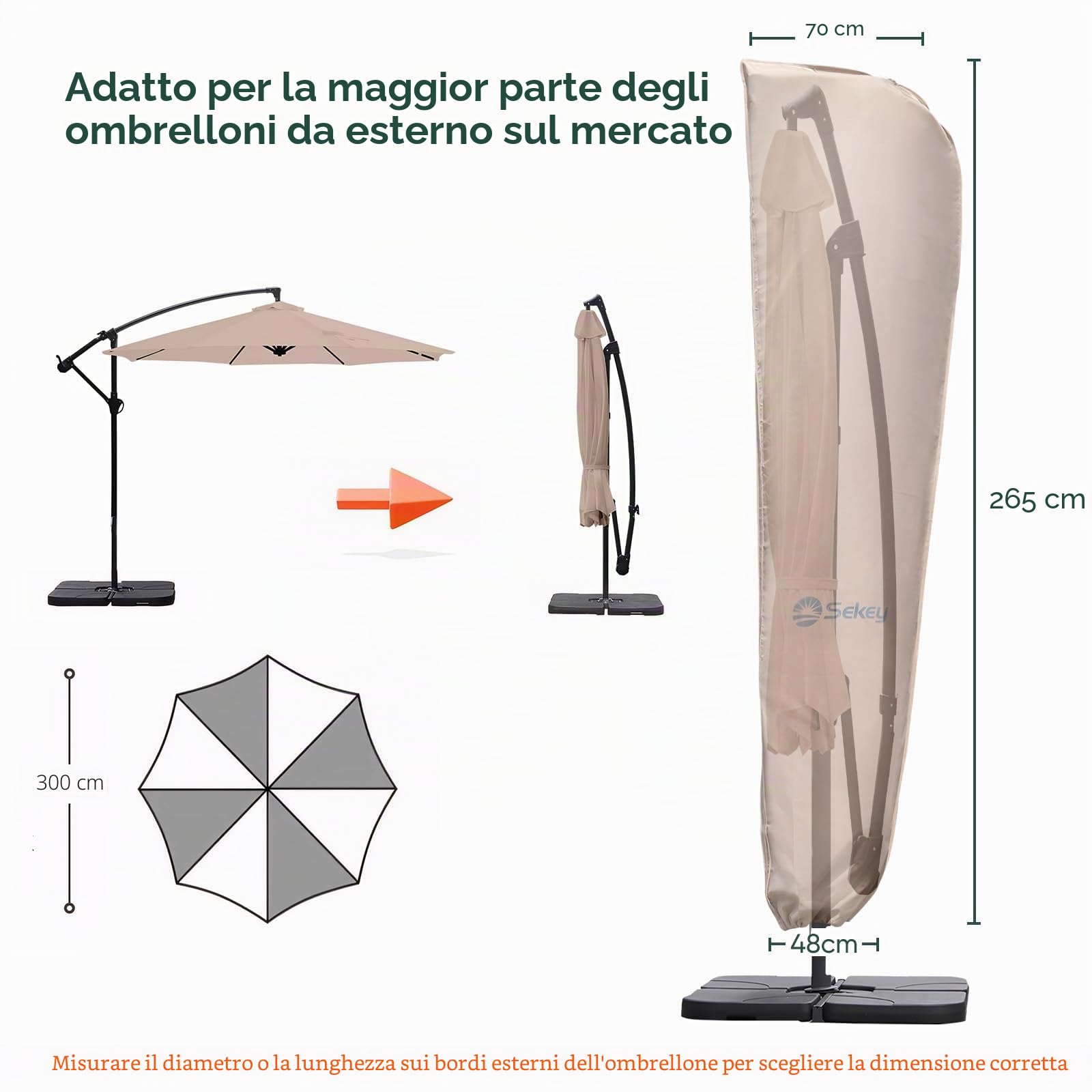 Sekey Custodia per Ombrello a Lampione/Ombrello, Copertura Protettiva | 265×48/70 cm – Poliestere 100% Impermeabile, Resistente all’UV