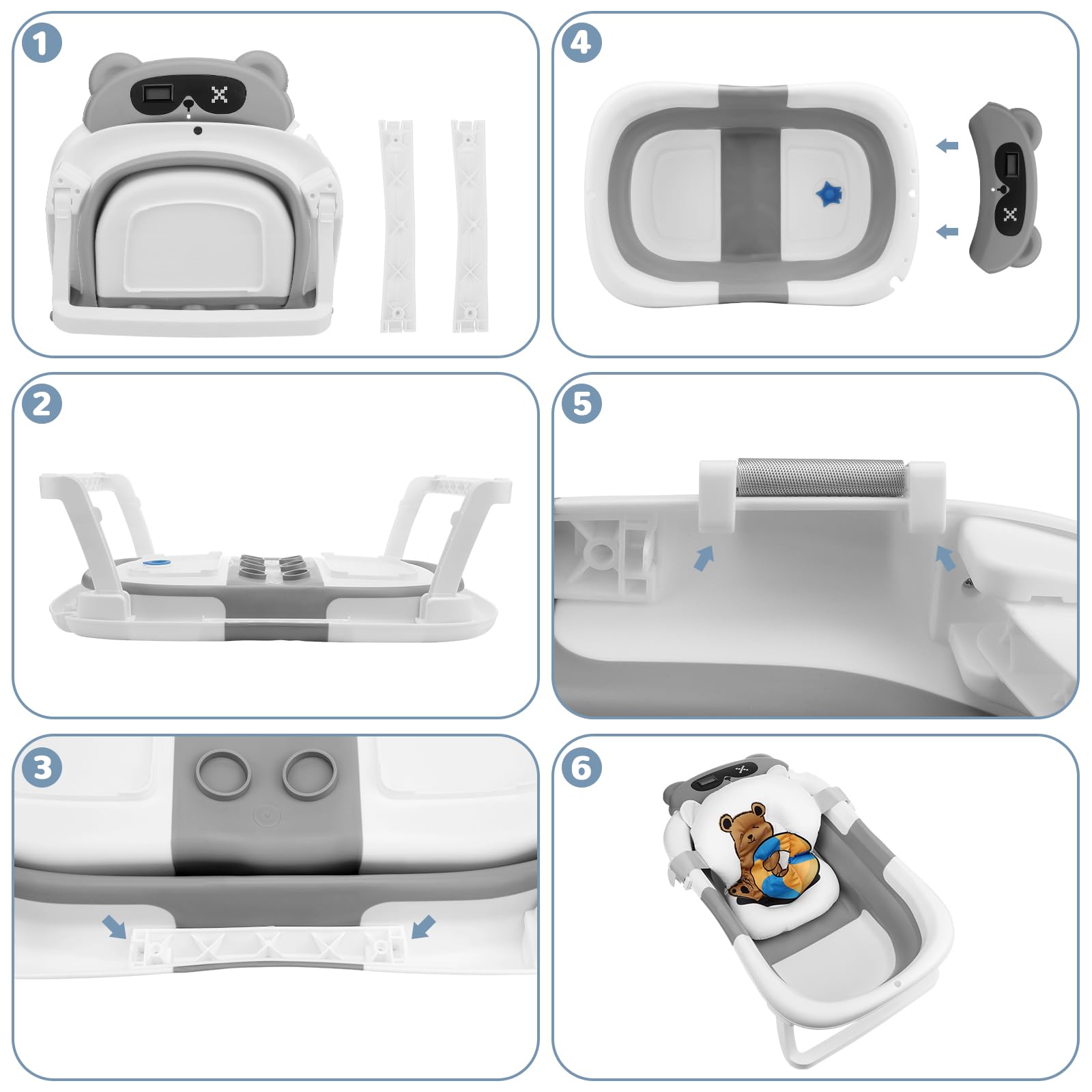 Kasanni Vaschetta da Bagno Pieghevole, Vaschetta Bagnetto Neonato con Indicatore di Temperatura, Vaschetta da Bagno Portatile con Tappetino Antiscivolo, Foro di Drenaggio, per Bambini da 0 a 36 Mesi