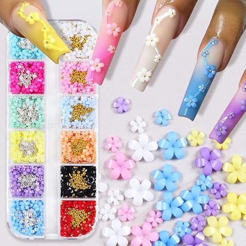 3D Flower Nail Art Charms Metal Caviar Beads Blossom Rhinestone Pearl Acrylic Flowers Nail Accessories For Women Diy Nails Design Decoration 12 Colors #TOP3