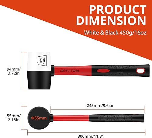 Miniatura 2 de GETLITOOL Mazo de goma negroblanco, martillo de goma de 16 onzas, sin marcas, con dos lados, martillo de goma con mango de fibra de vidrio