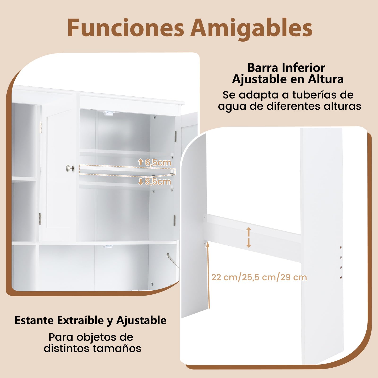 COSTWAY Armario de Almacenamiento sobre el Inodoro, Estantería con 3 Puertas y 6 Compartimentos, Estante Ajustable, Soporte para Papel Higiénico, Organizador Que Ahorra Espacio para Baño, Blanco