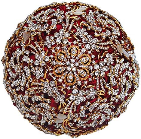 Ramo de boda con diamante artificial de lujo dorado, juego que incluye ramos, flores de muñeca, ramillete para tu boda hecho a mano (dorado + rojo)