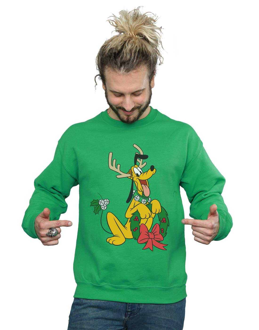 Absolute Cult Men's Irish Green Disney Pluto Christmas Reindeer Sweatshirt XX-Large