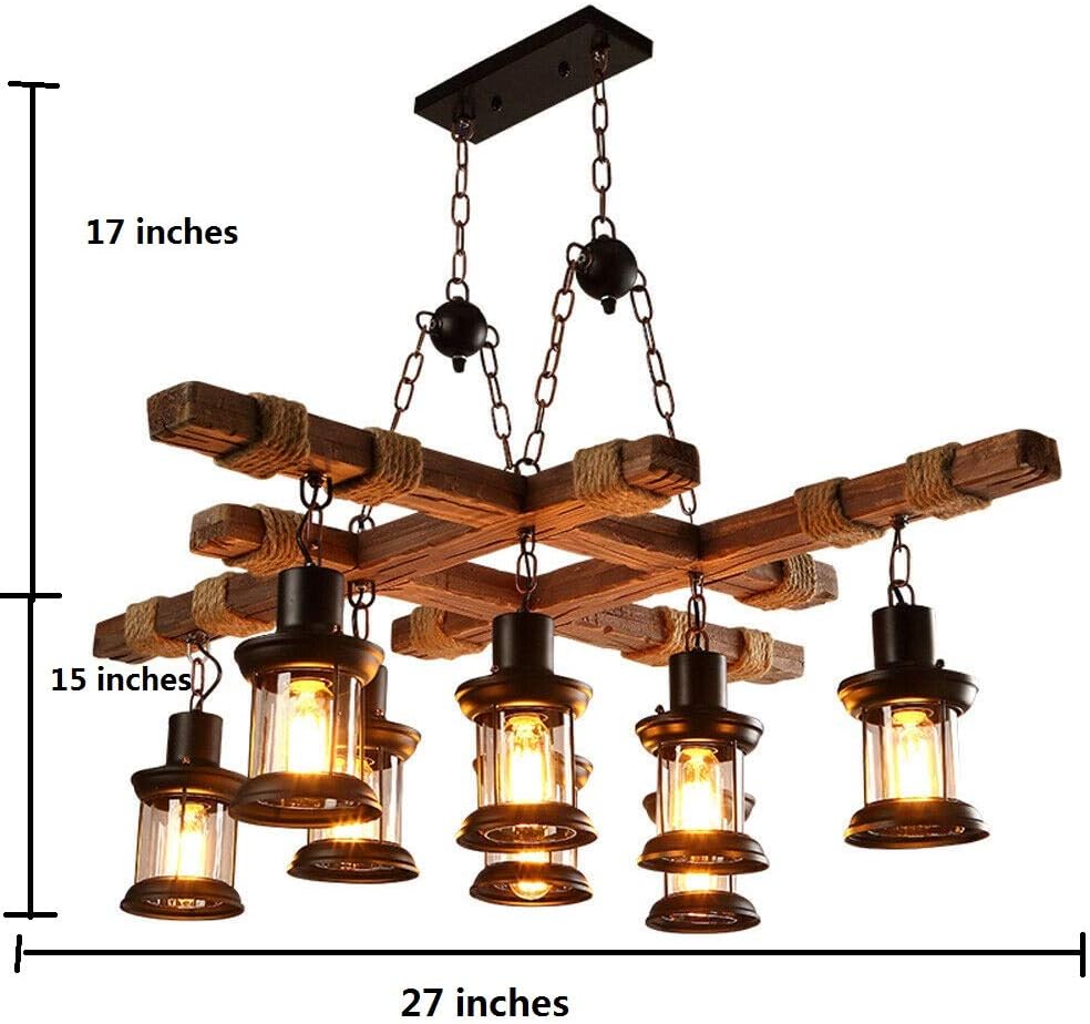 Farmhouse Pendant Light Chandelier Farmhouse Wooden Hanging Island Lighting Fixture Retro Industrial for Kitchen Dining Room Bar Restaurant（8-Light）