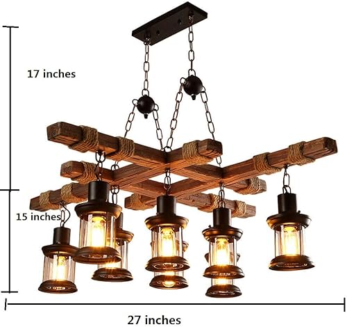 Miniatura 5 de Lámpara colgante de granja, lámpara colgante de madera para isla, accesorio retro industrial para cocina, comedor, bar, restaurante (8 luces)