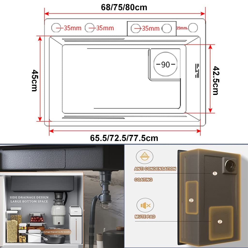 Fregadero de cocina de acero inoxidable con grifo en cascada, diseño de cuenco único, juego completo de accesorios para instalación de doble montaje, acabado negro moderno