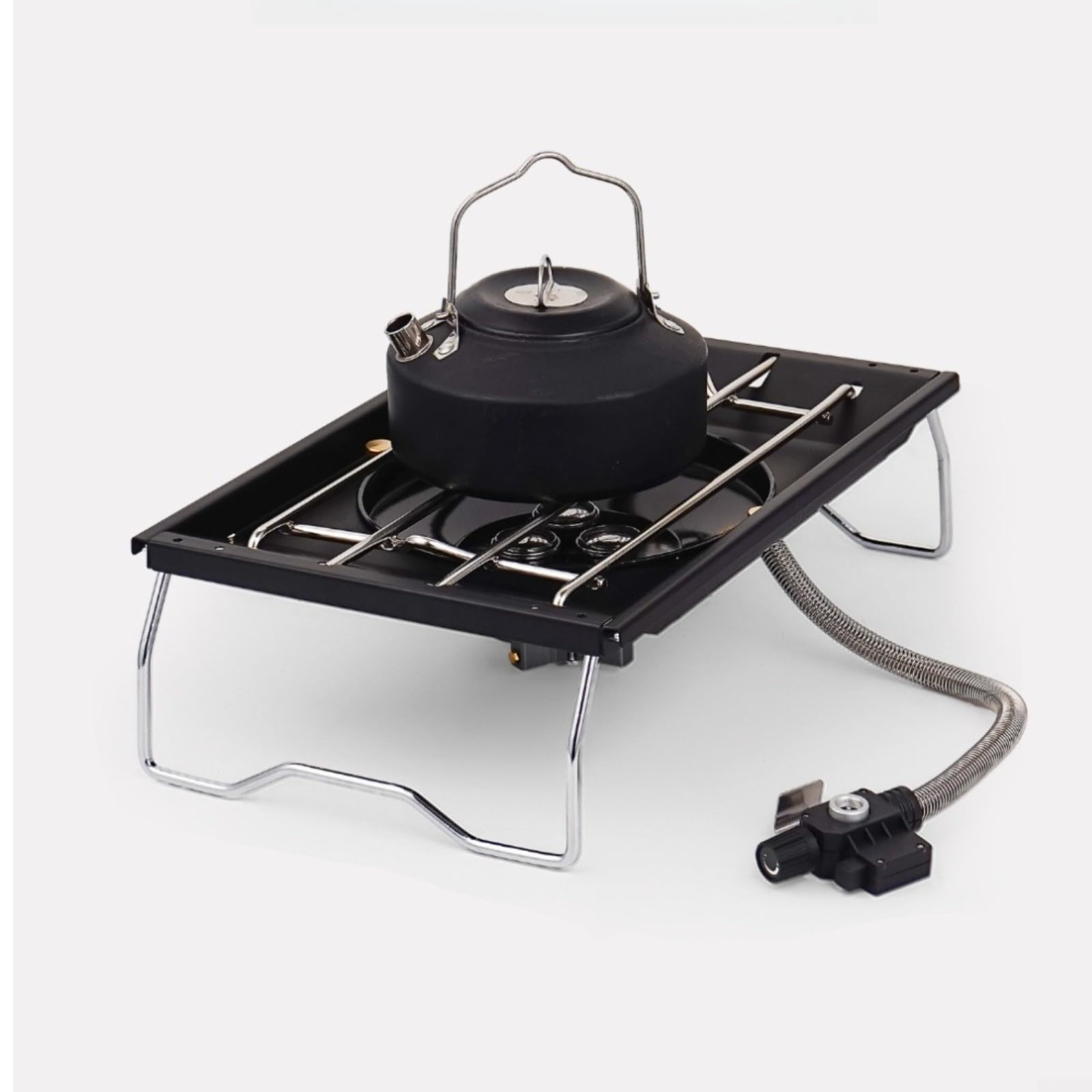 Tragbarer Campingkocher mit winddichtem Schild, faltbarer Gasherd für IGT Tischplatte, Edelstahl-Grill zum Wandern, Picknick (schwarz)
