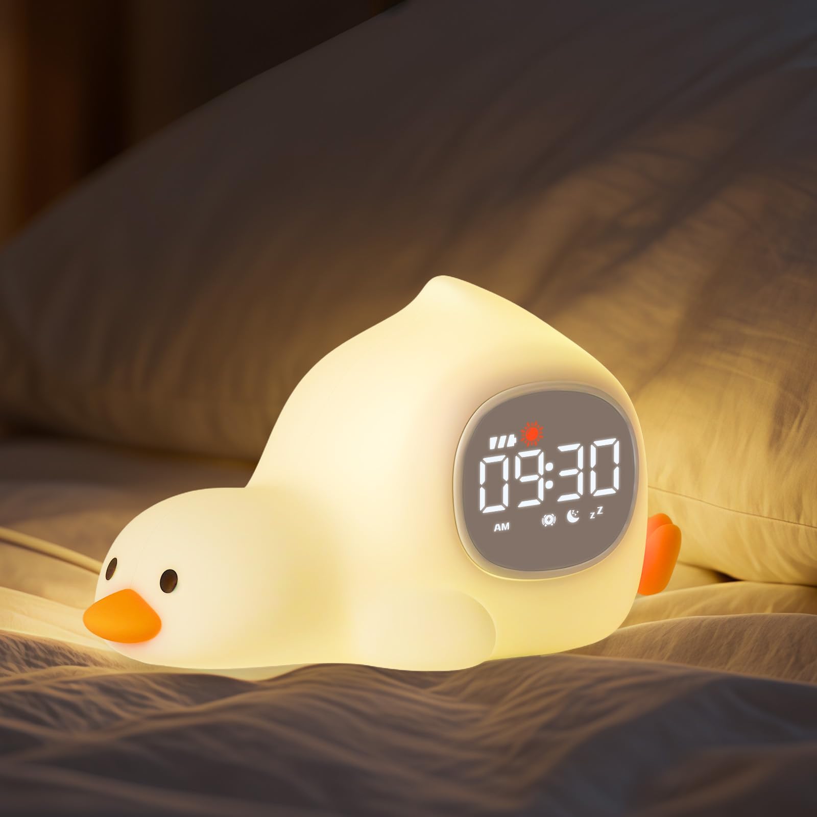 Alarm Clock with Night Light for Kids, Sleep Training Clock with Sound Machine, Rechargeable Silicone OK to Wake ClockCute Animal Tabletop Lamp, Perfect Sleep Companion for Boys Girls, Laying Duck