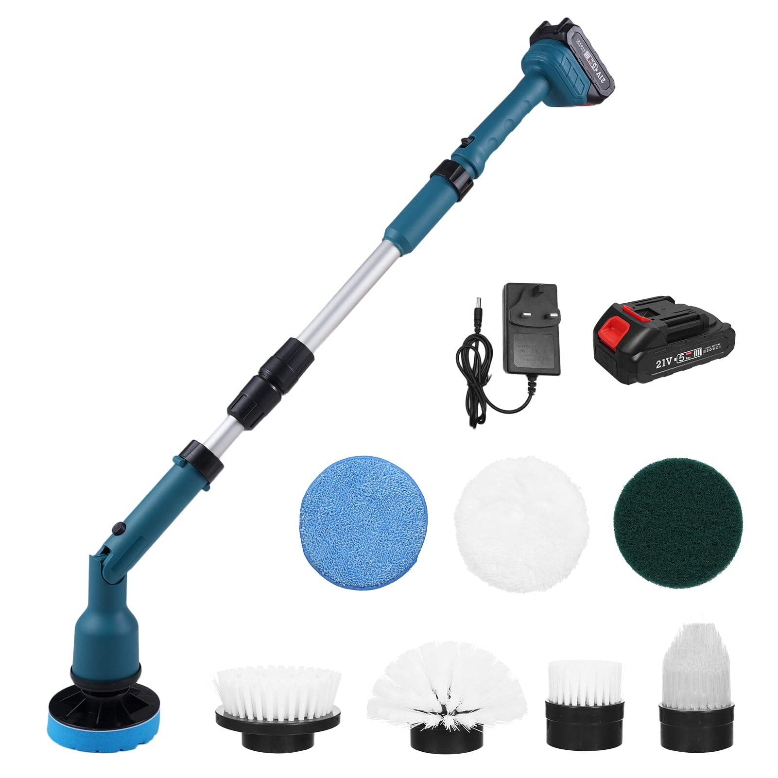21V Electric Spin Scrubber, Multi-Function Lithium Retractable Cleaning Brush, Cordless Shower Cleaning Brush with 8 Replaceable Brush Heads, Adjustable Extension Handle for Bathroom Floor Tile