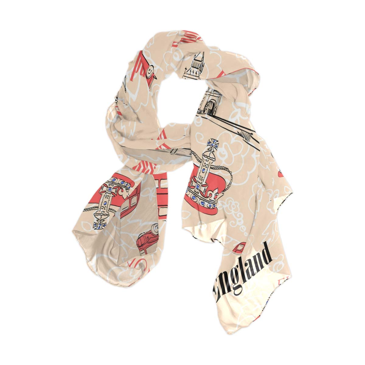 Linomo Women's Multicoloured Chiffon Silk Large Scarf Uk England London Symbol Long Shawl Wrap Silk Like Scarf