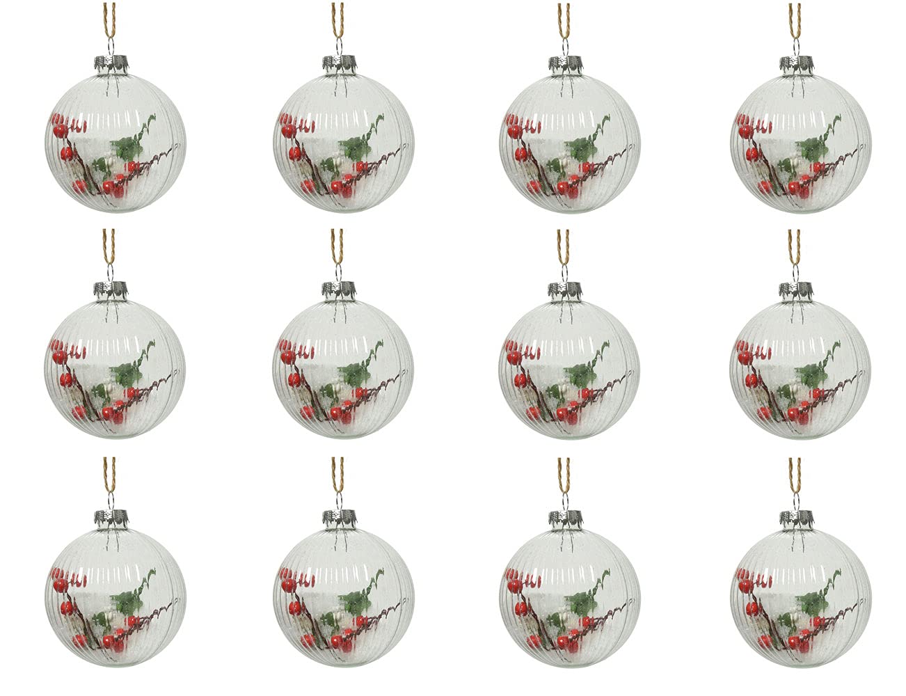 Boules de Noël en verre Decoris transparentes 8 cm avec baies lot de 12