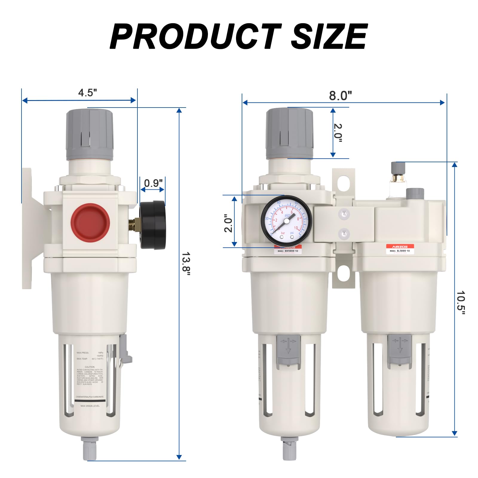 Luftfilterregler 1/2″ BSP – 0–150 Psi (1,0 MPa), Mit Druckregler, Für Kompressor & Druckluftwerkzeuge