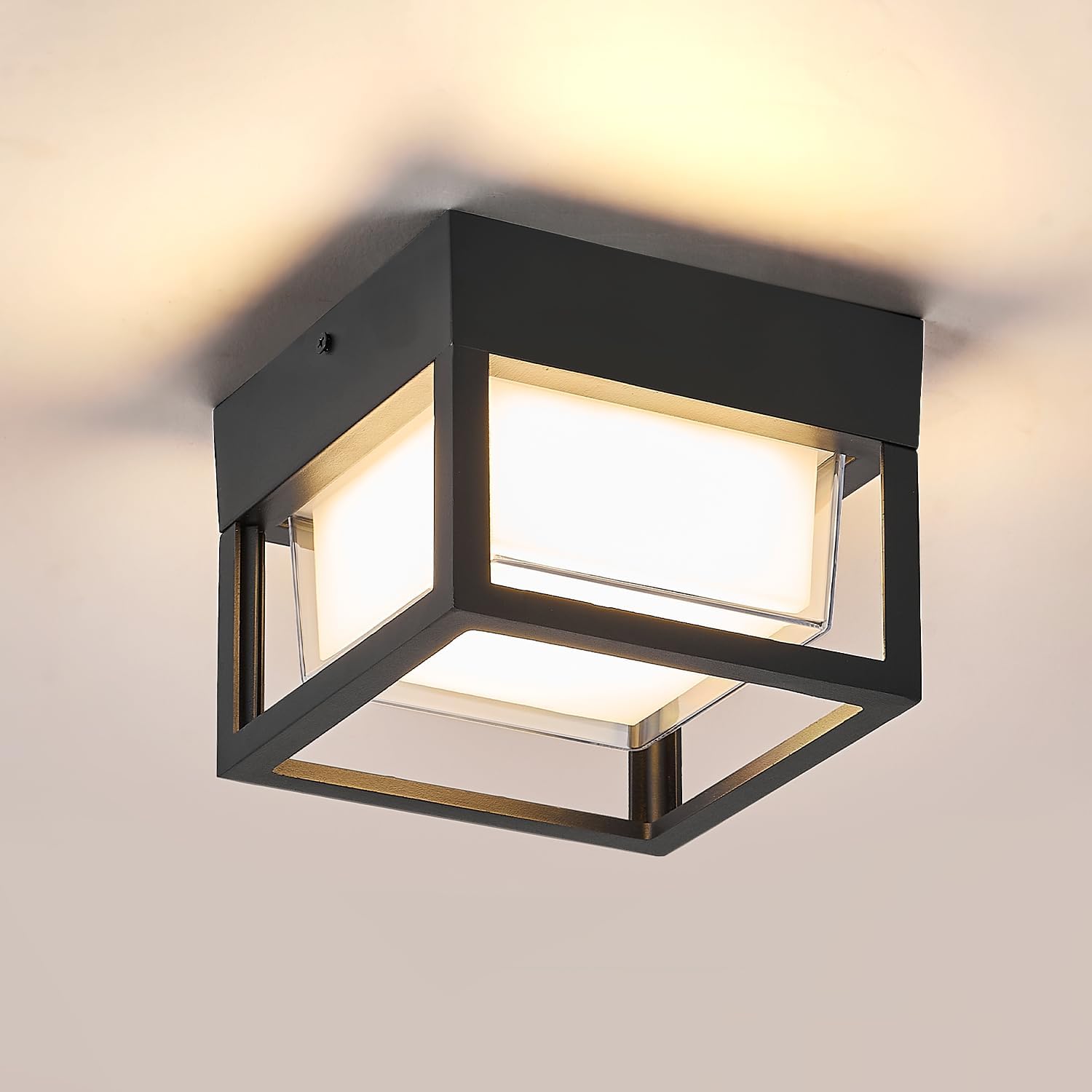 Black Square Porch LED Ceiling Flush Mount Lights,Exterior Wall Mount Lamp | 18W,3000K Warm Color,6.3inch,Aluminum and Double Shade,Outdoor&Indoor,Waterproof for Patio,Hallway,Garage,Balcony,Terrace