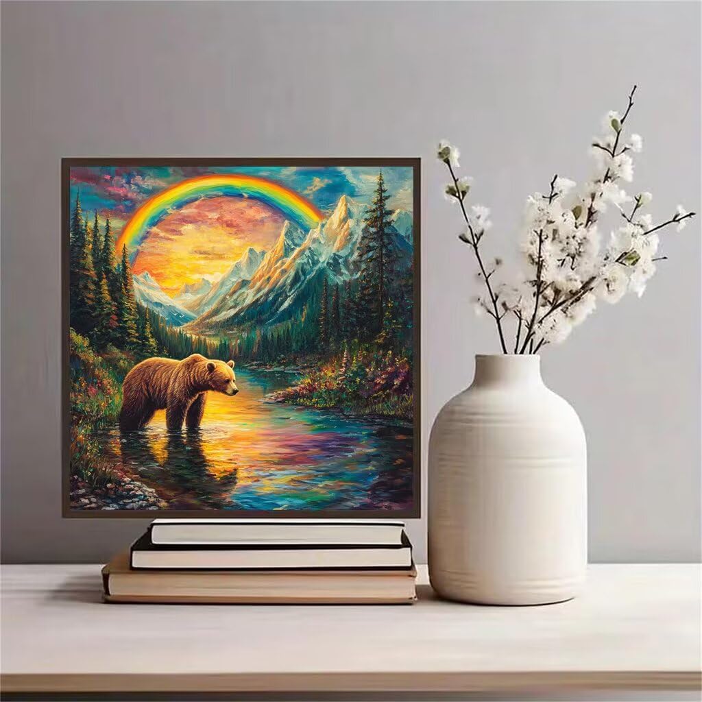 Malowanie numeru dla dorosłych niedźwiedź, zrób to sam numer malowania dla początkujących 60x60cm z ramą, kreatywne hobby dorośli malowanie numerami akrylem i pędzlami, prezent dla kobiet do dekoracji