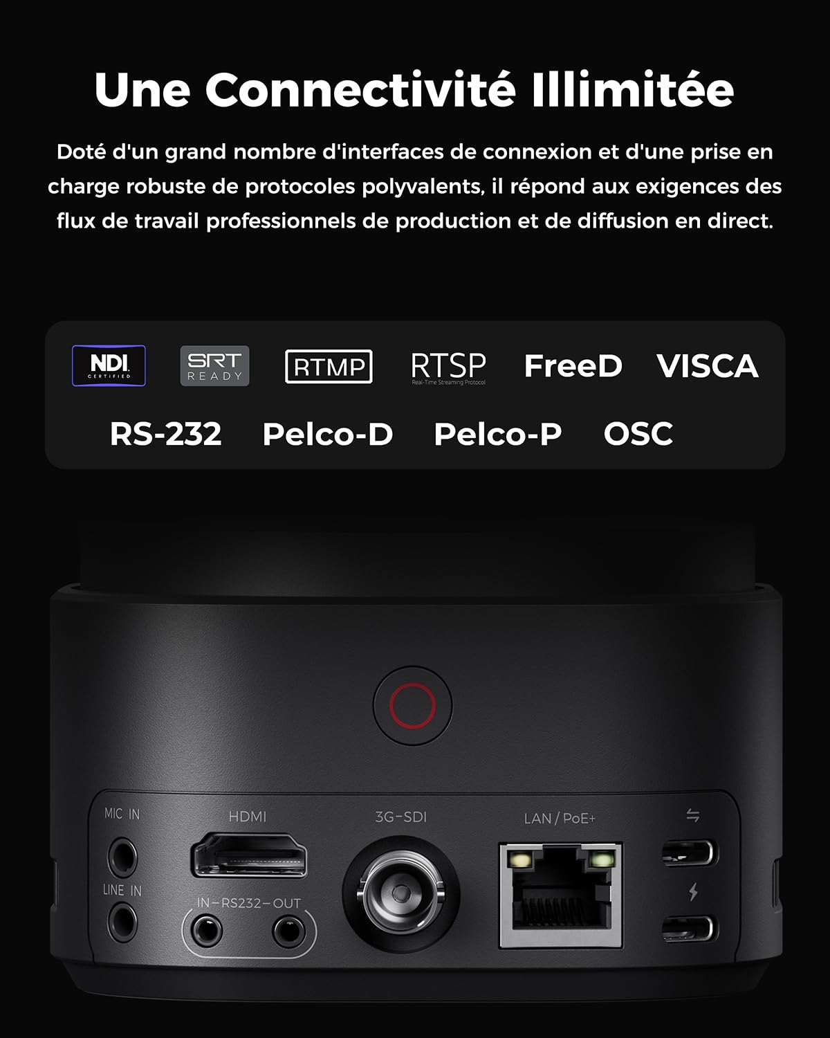 OBSBOT Tail 2 PTZR NDI Caméra 4K@60FPS, Suivi IA Pro, CMOS 1/1,5", 50MP | Zoom Optique 5X, Zoom Hybride 12X, Sortie SDI/HDMI/IP/USB 3.0, Streaming pour Éducation, Conférences, Culte (NDI Activé)