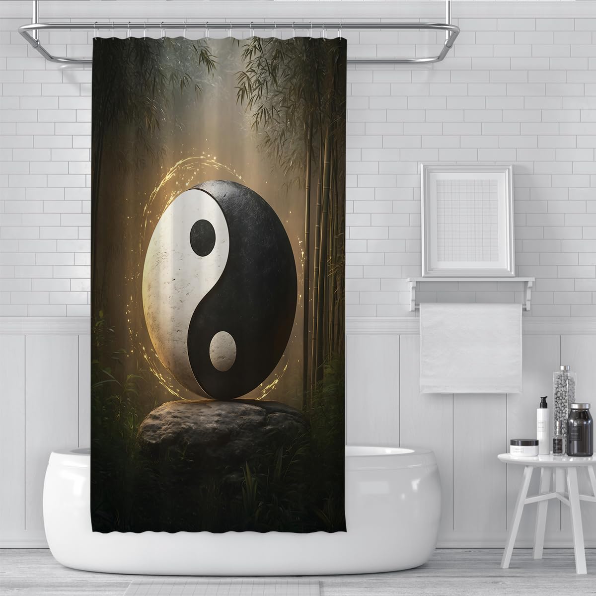 Yin Yang Duschvorhang Orientalische Philosophie Feng Shui Badevorhang mit Haken Bambuswald und Steinbadezimmer Kunstdekor Waschbar, schnell trocknend 180 x 200 cm