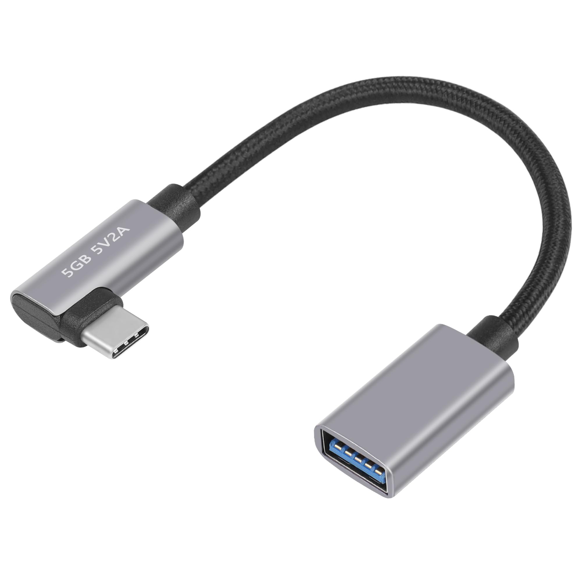 USB C naar USB 3.0-kabel, USB A USBC adapter, OTG 90 graden 5 Gbit/s, US B C stekker naar USBA aansluiting, korte gevlochten nylon kabel met aluminium behuizing voor US B-C apparaten