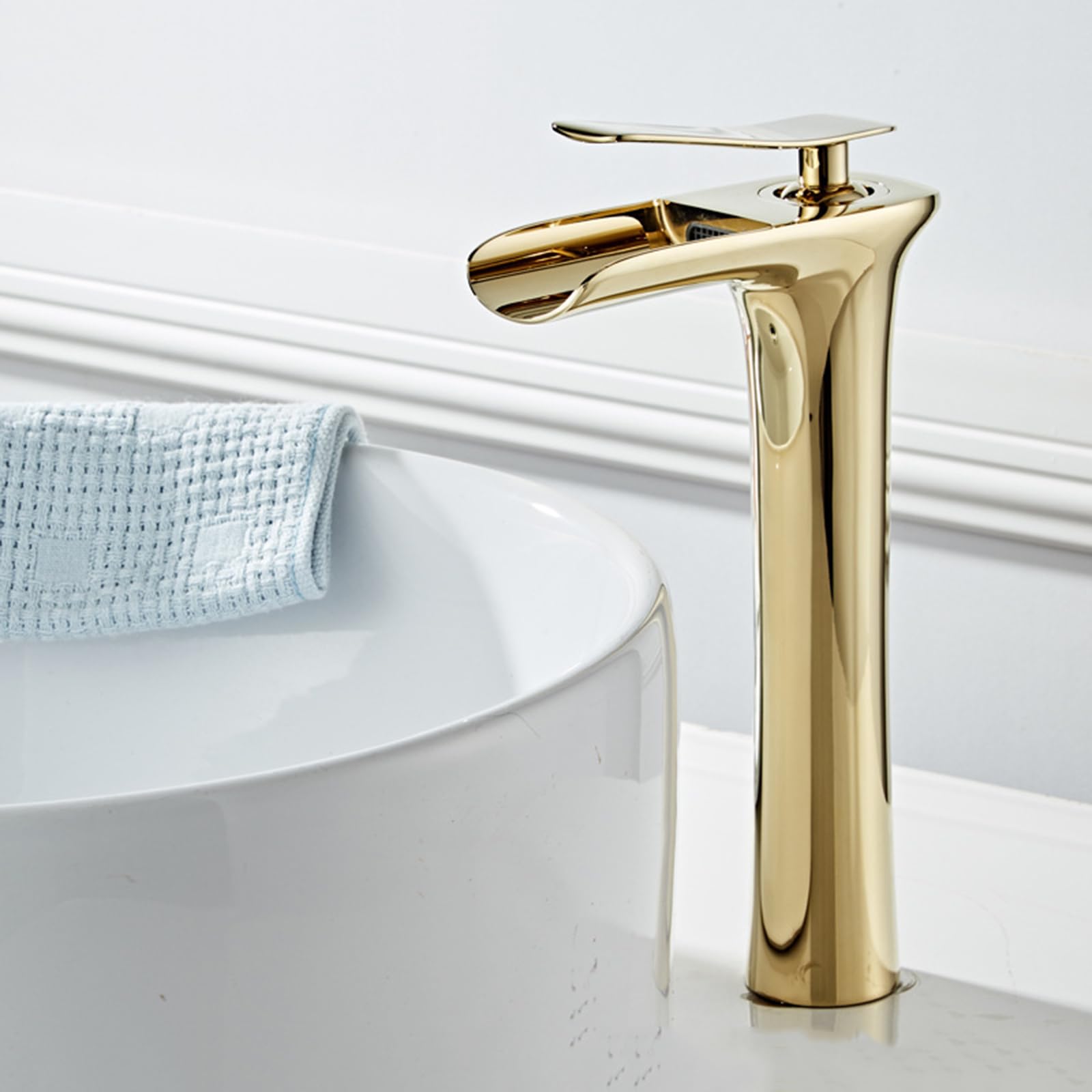 SOHNVWTGD Waterfall Tall Basin Taps Single Hole Waterfall Bathroom Taps Hot and Cold Countertop Washbasin Mixer Tap,Gold