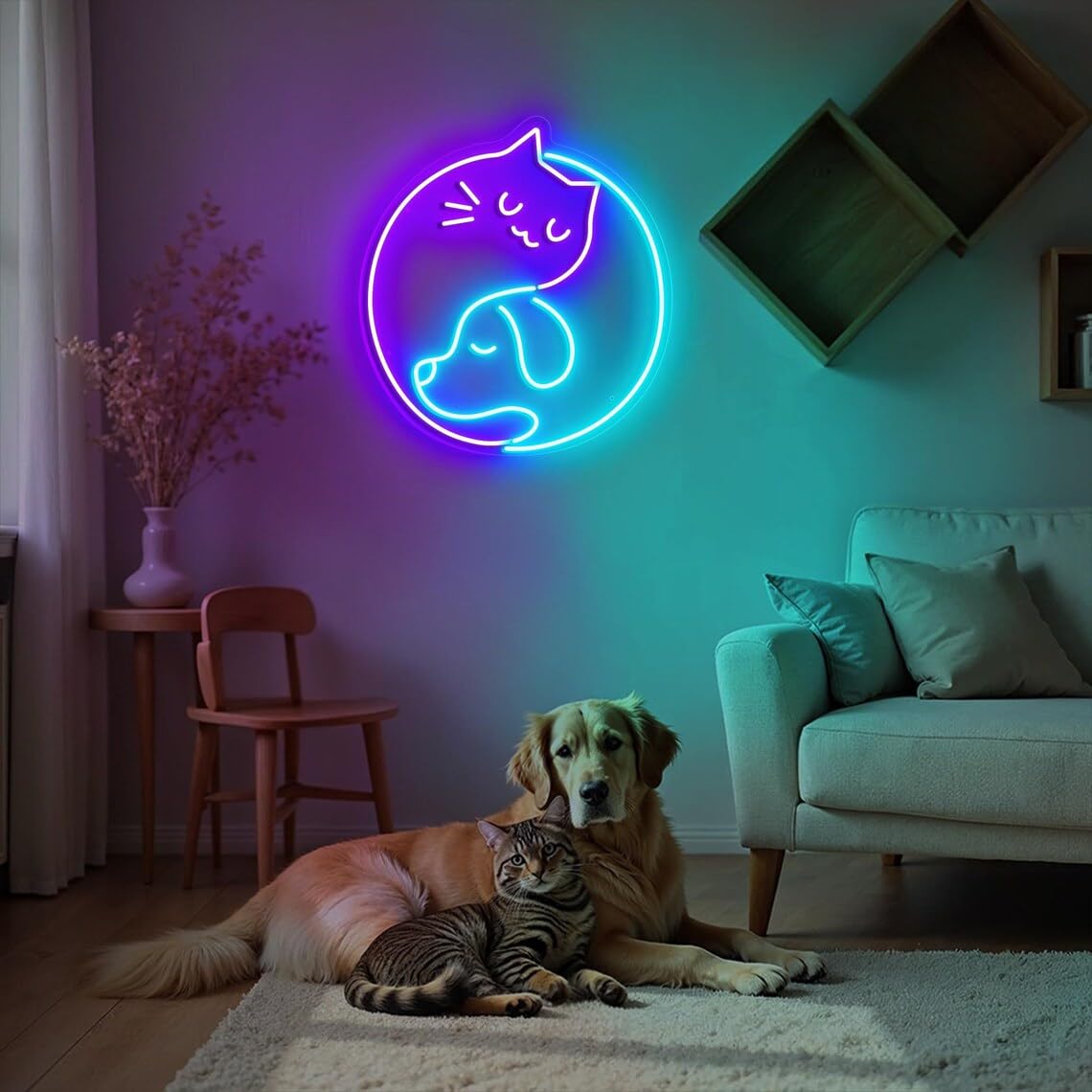 Yin Yang Cat & Dog Neon Sign Pet Lover LED Wall Light Cute Animal Decor Cozy Bedroom Signs Gift for Pet Owners