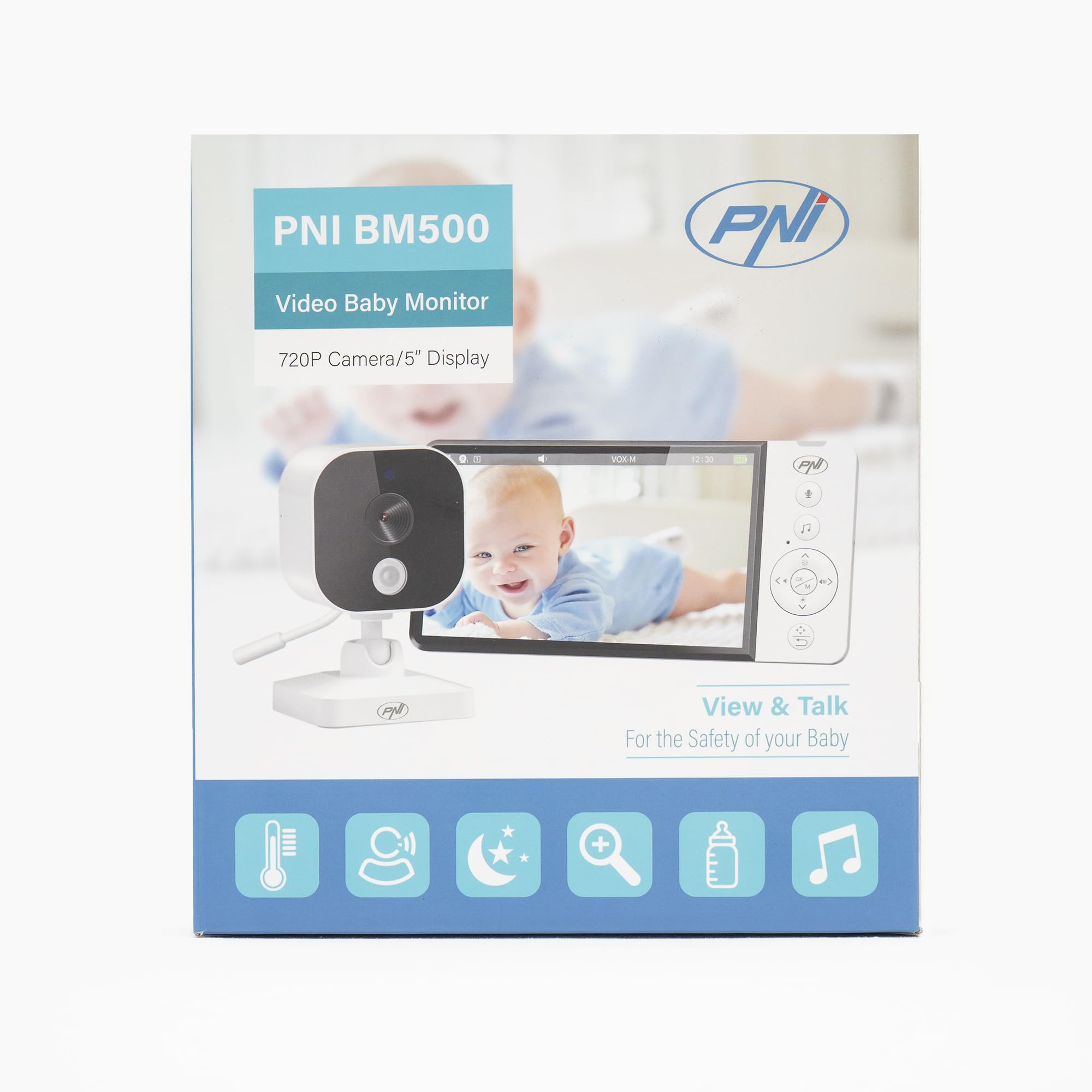 PNI Monitor de Video para bebé BM500 Pantalla de 5 Pulgadas inalámbrico 2.4 GHz, Sensor de Temperatura, VOX, visión Nocturna, función de Zoom, Canciones de Cuna