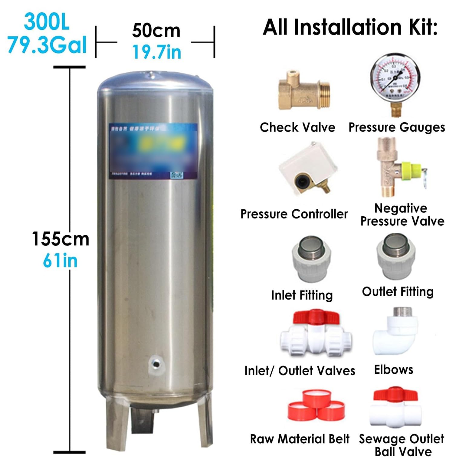 Réservoir de Pression en Acier Inoxydable 304, Vessie Surpresseur, Système Automatique d'Alimentation en Eau Cuve Fermée avec Manomètre, Interrupteur et Soupape(300L/79.3Gal)
