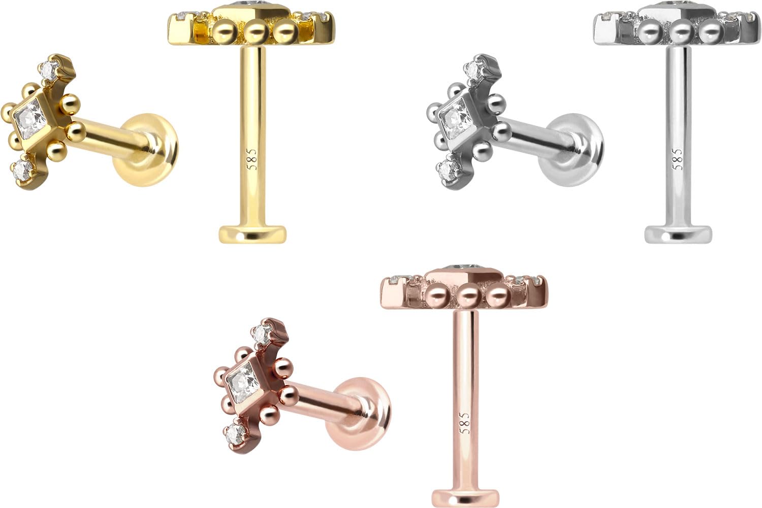 PIERCINGLINE Piercing Stecker 14 Gold Labret mit Push Fit 3 MOISSANITE + KUGELN 585er Gold - Roségoldfarben, Goldfarben, Silberfarben