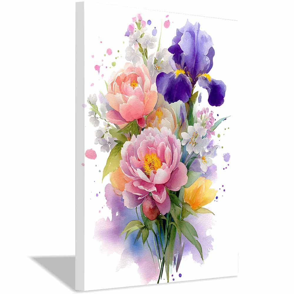 Xeniou Multicolor Flower Canvas Wall Art Watercolor Peony Irisees Bouquet Canvas Wall Art, For Bathroom Living Room Bedroom Office Kitchen(Multicolor)-20X30cm Framed