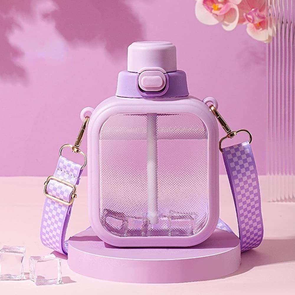 NUFR 24 Oz Square Transparent Water Bottle, Cute Portable Travel Canteen with Adjustable Strap 700ml (Purple)